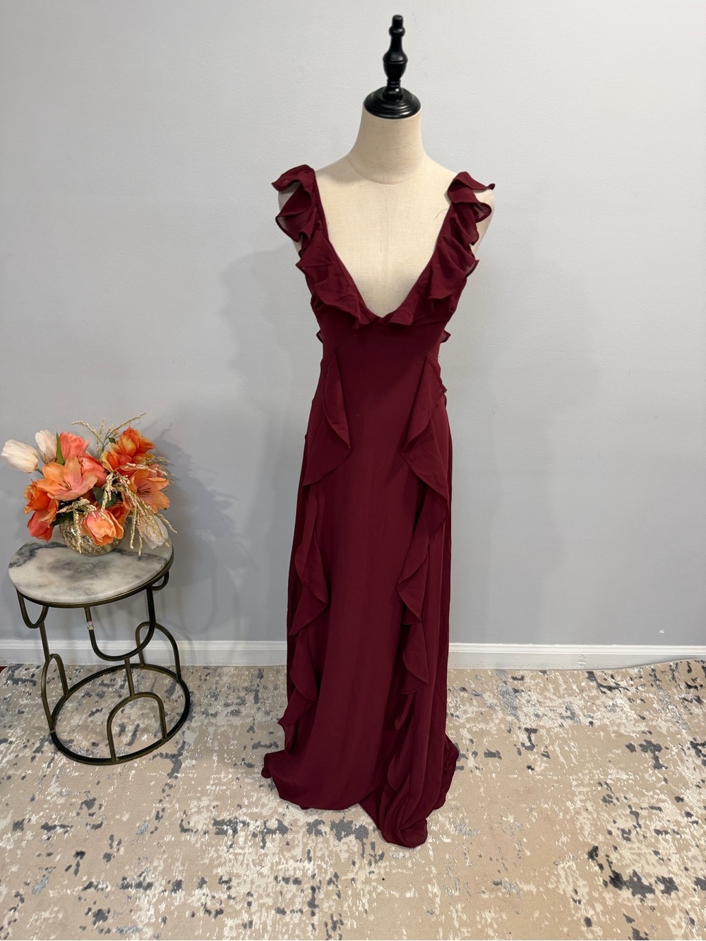 Lulus Women’s Burgundy Ruffle V-Neck Simple Maxi Dress - Size XS